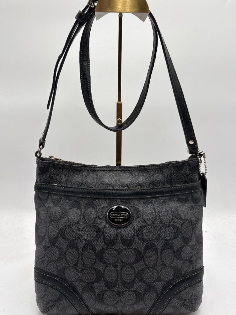 Coach F15441 Women's Crossbody Bag Signature Canvas Black Leather Trim